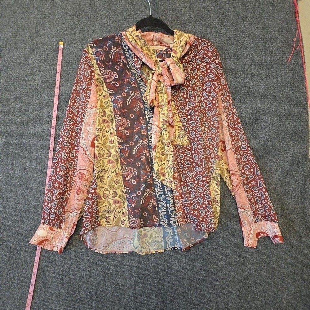 Soft Surroundings Blouse Womens M Multicolor Paisley Tie Neck Tunic Top Boho NWT